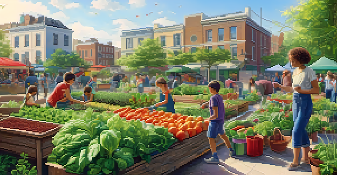 A community garden with diverse plants and people gardening together, promoting vegetarianism.