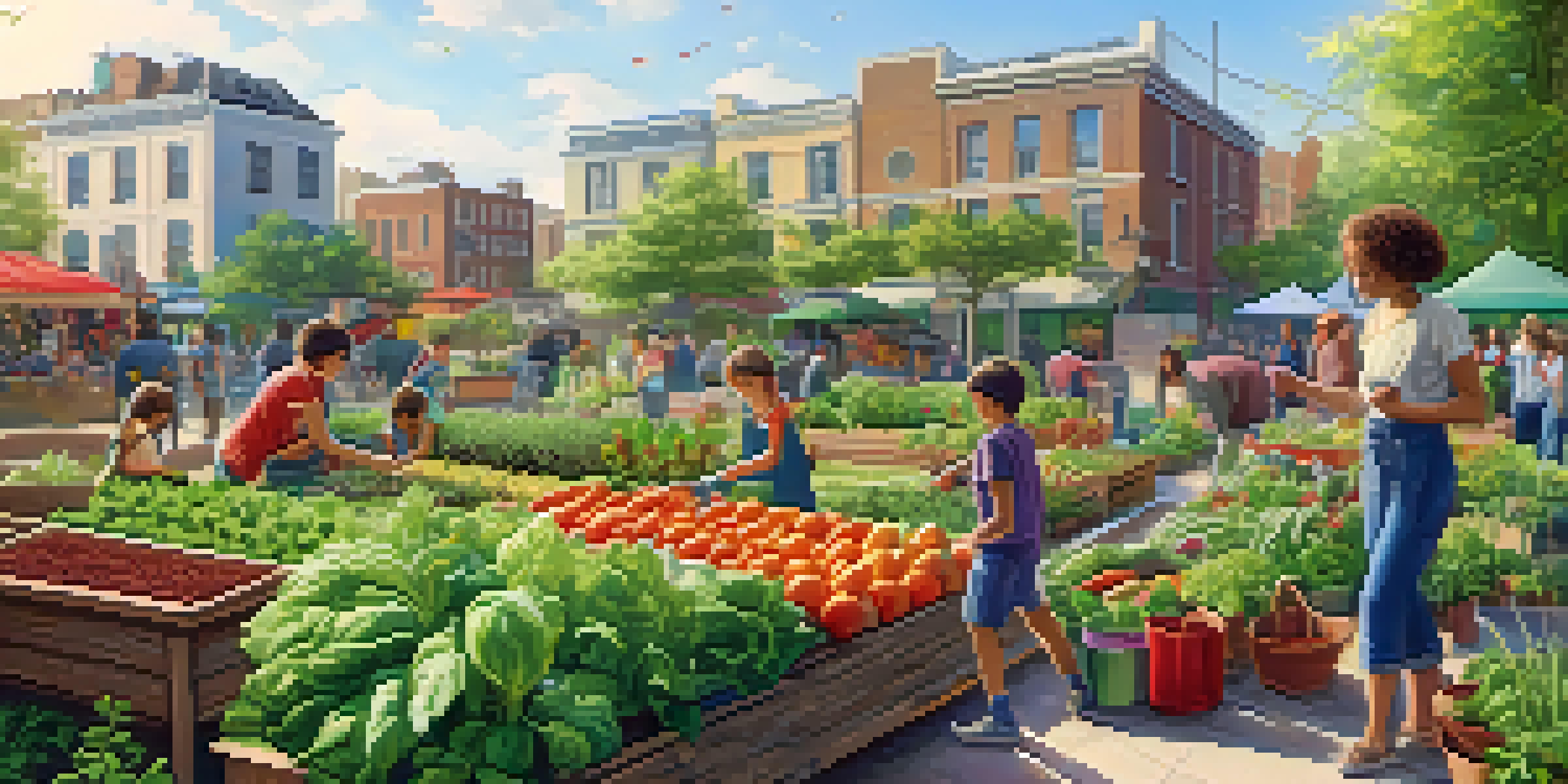A community garden with diverse plants and people gardening together, promoting vegetarianism.