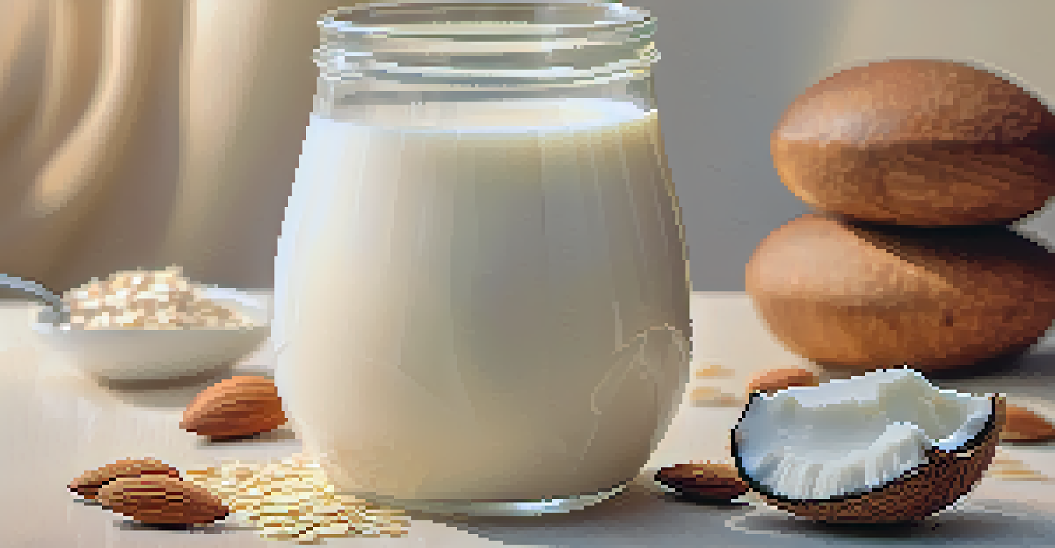 A hand holding a glass of oat milk with various dairy alternatives like almond milk and coconut yogurt in the background, illuminated by warm lighting.