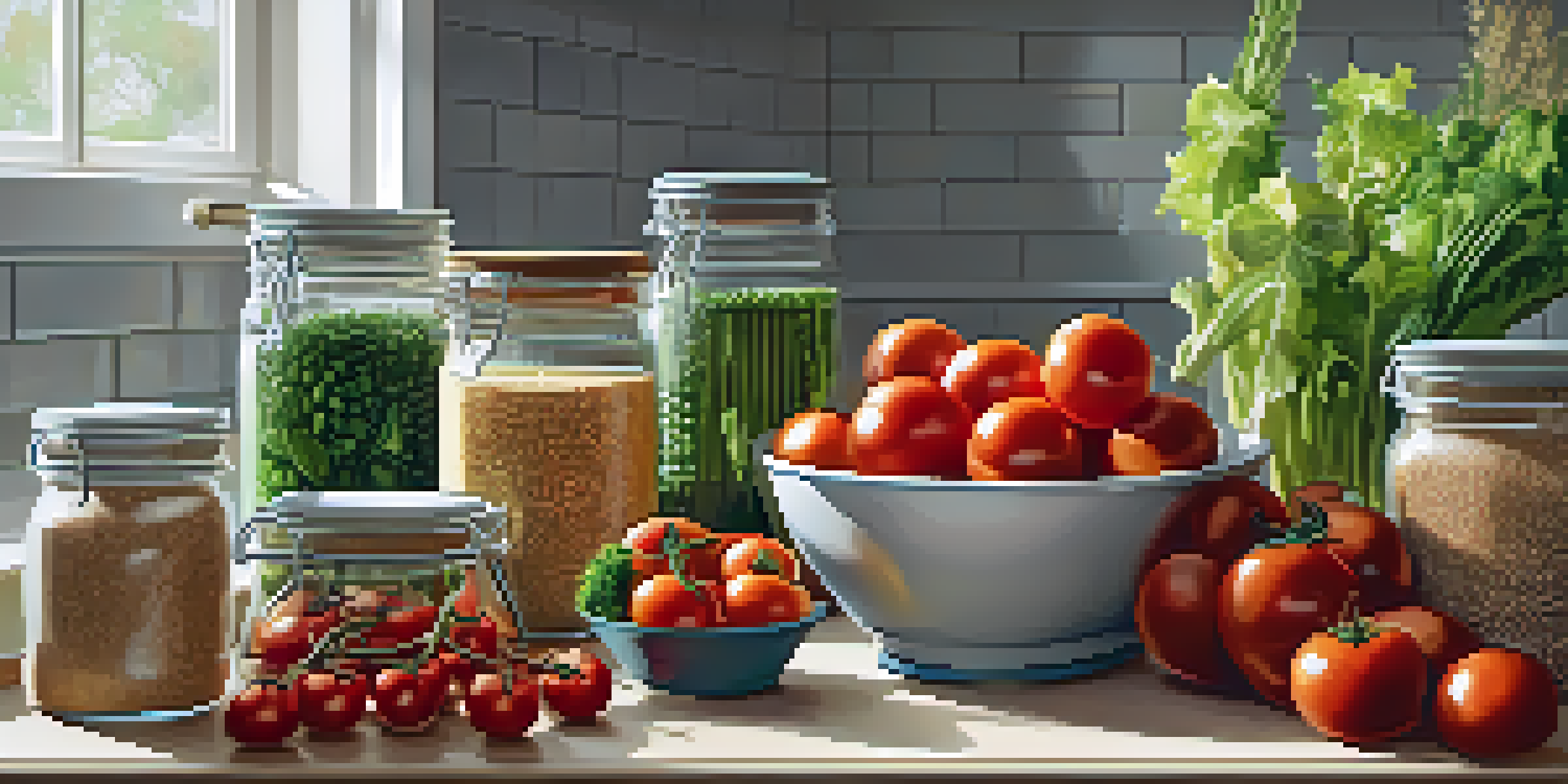 A kitchen countertop displaying fresh vegetables and whole grains, with vibrant colors and a clean, well-lit environment.