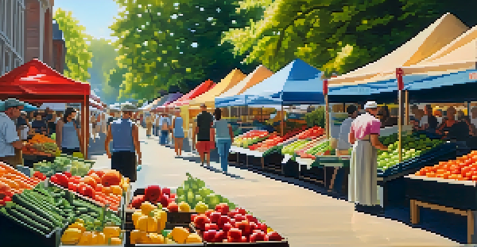A lively farmer's market filled with colorful fruits and vegetables, with people shopping and sunlight filtering through the trees.