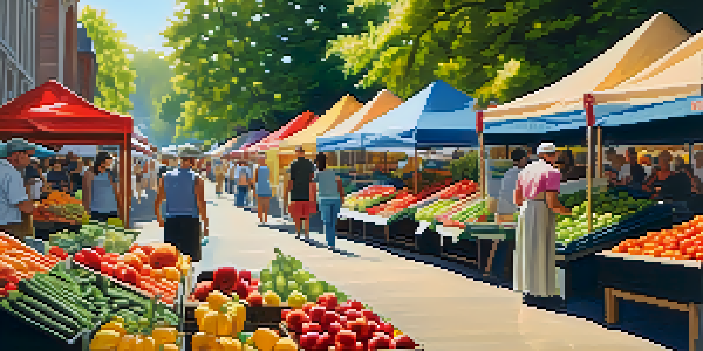 A lively farmer's market filled with colorful fruits and vegetables, with people shopping and sunlight filtering through the trees.