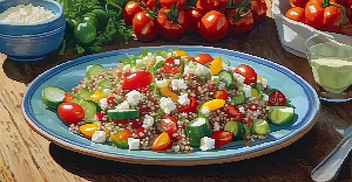 A colorful plate of quinoa salad with fresh vegetables and feta cheese on a rustic wooden table under warm sunlight.