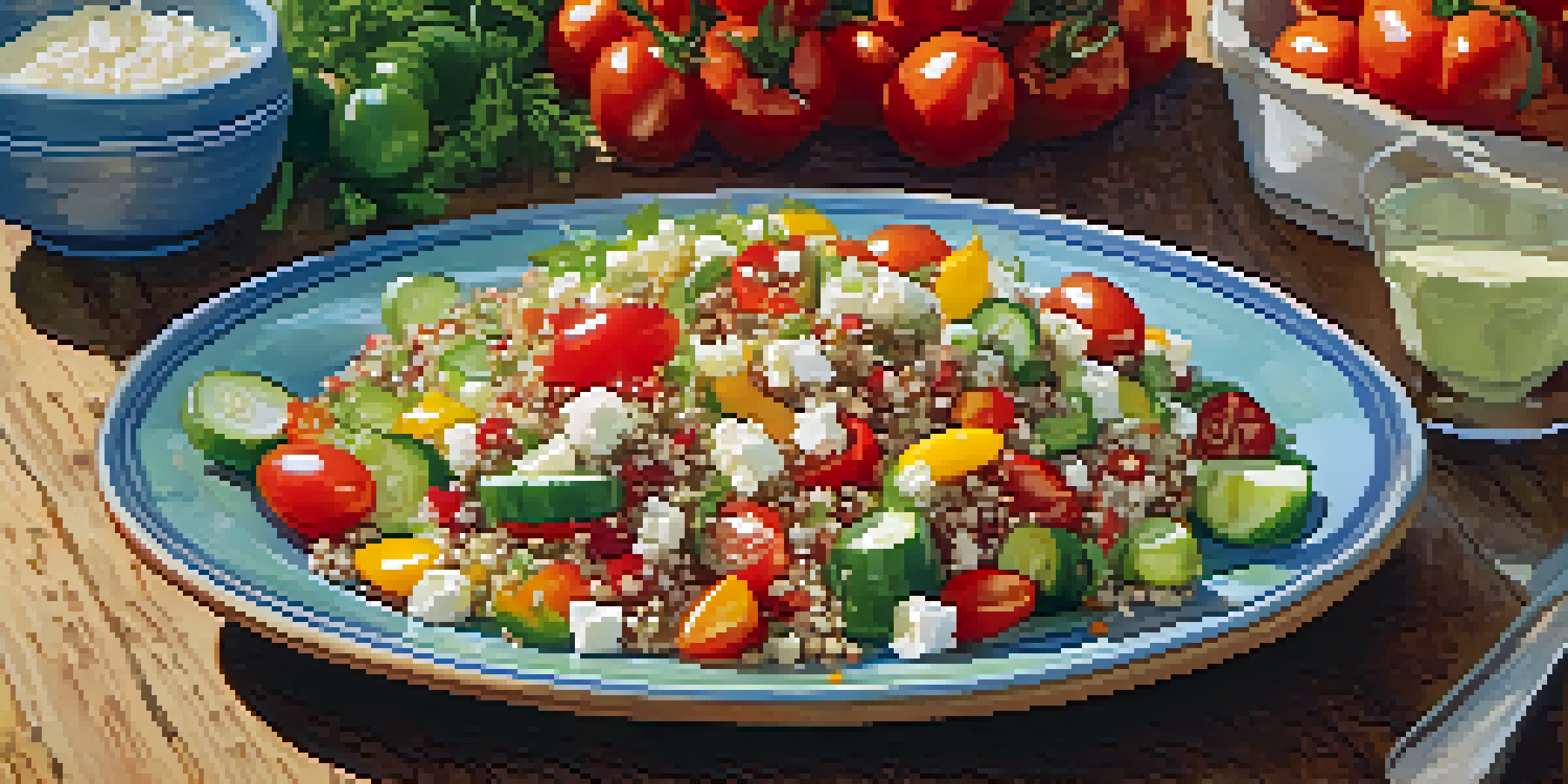 A colorful plate of quinoa salad with fresh vegetables and feta cheese on a rustic wooden table under warm sunlight.