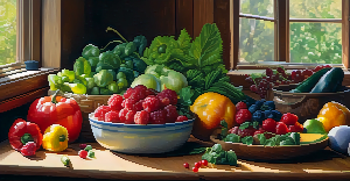 A colorful assortment of fresh fruits and vegetables on a wooden kitchen table, illuminated by natural light.