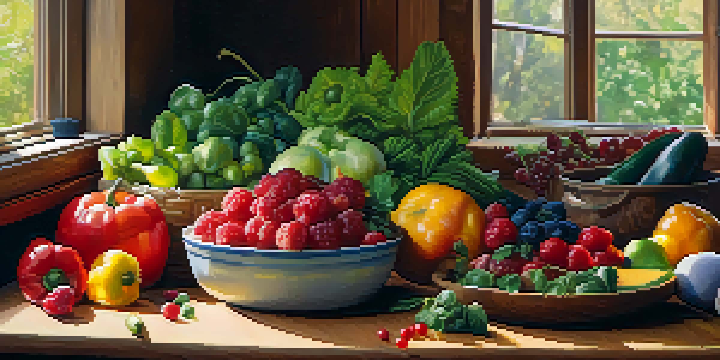 A colorful assortment of fresh fruits and vegetables on a wooden kitchen table, illuminated by natural light.