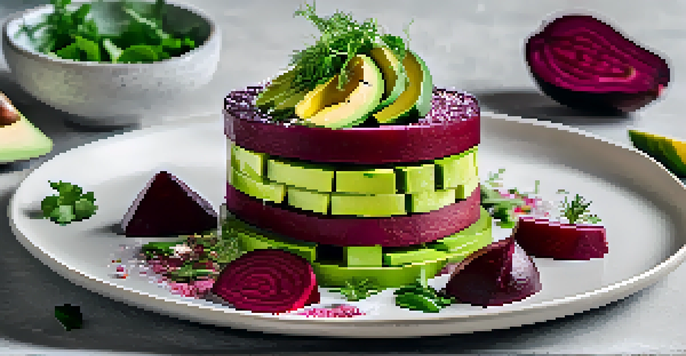 A colorful vegetarian dish with layers of beetroot and avocado, garnished with herbs on a white plate.