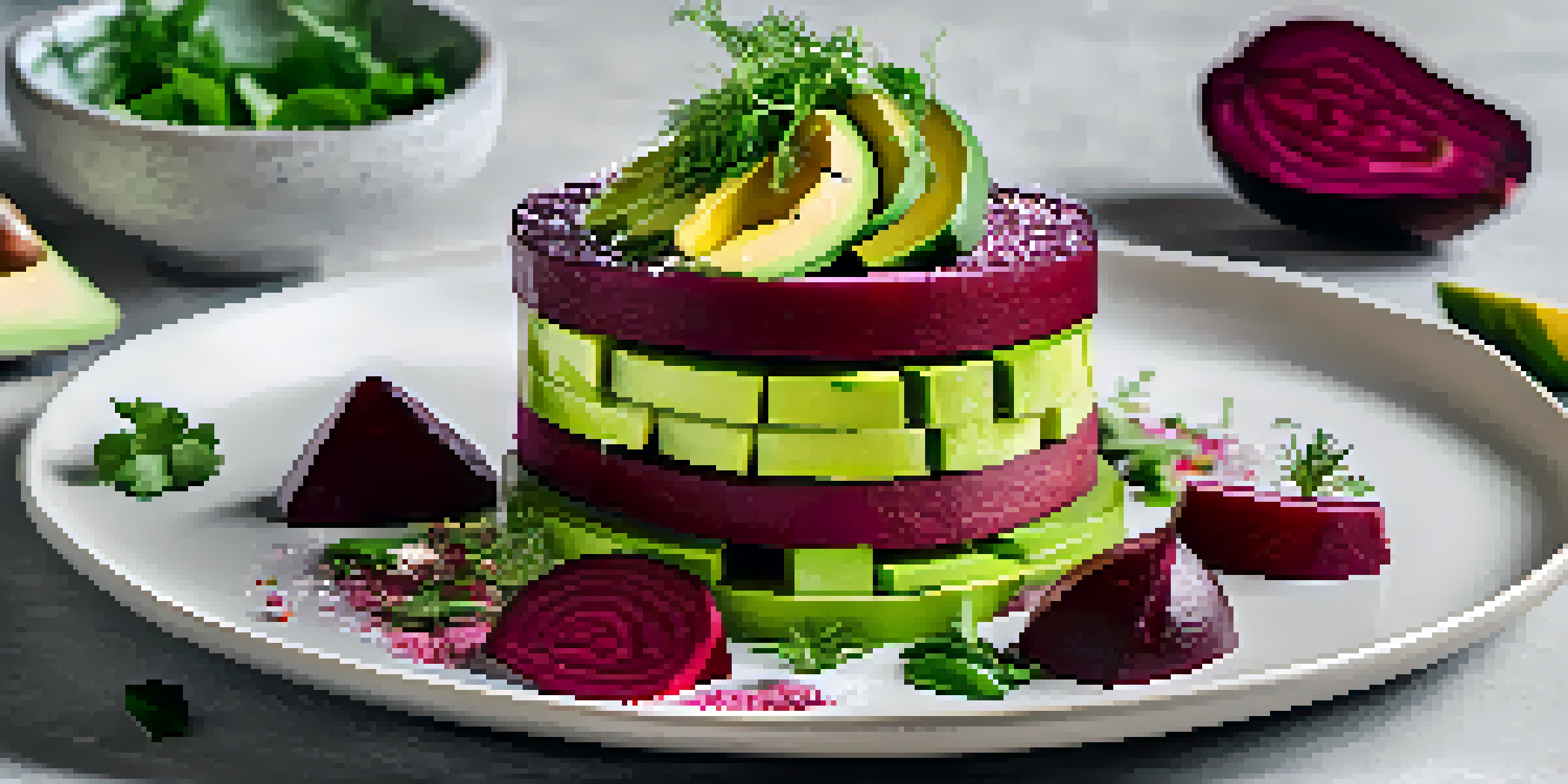 A colorful vegetarian dish with layers of beetroot and avocado, garnished with herbs on a white plate.