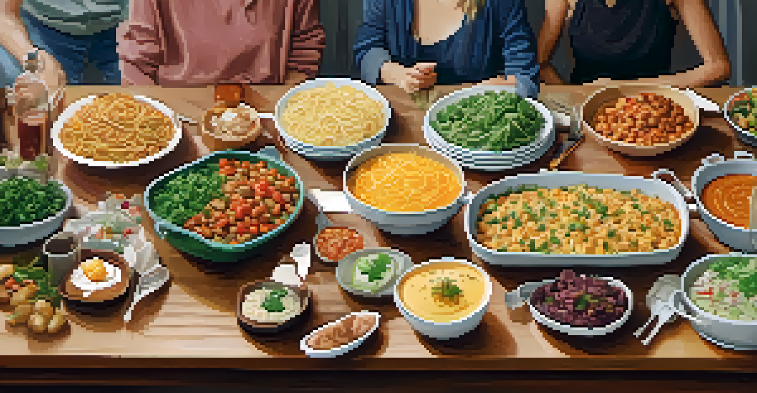 A potluck table filled with various vegetarian dishes and labels, creating a warm and inviting atmosphere.