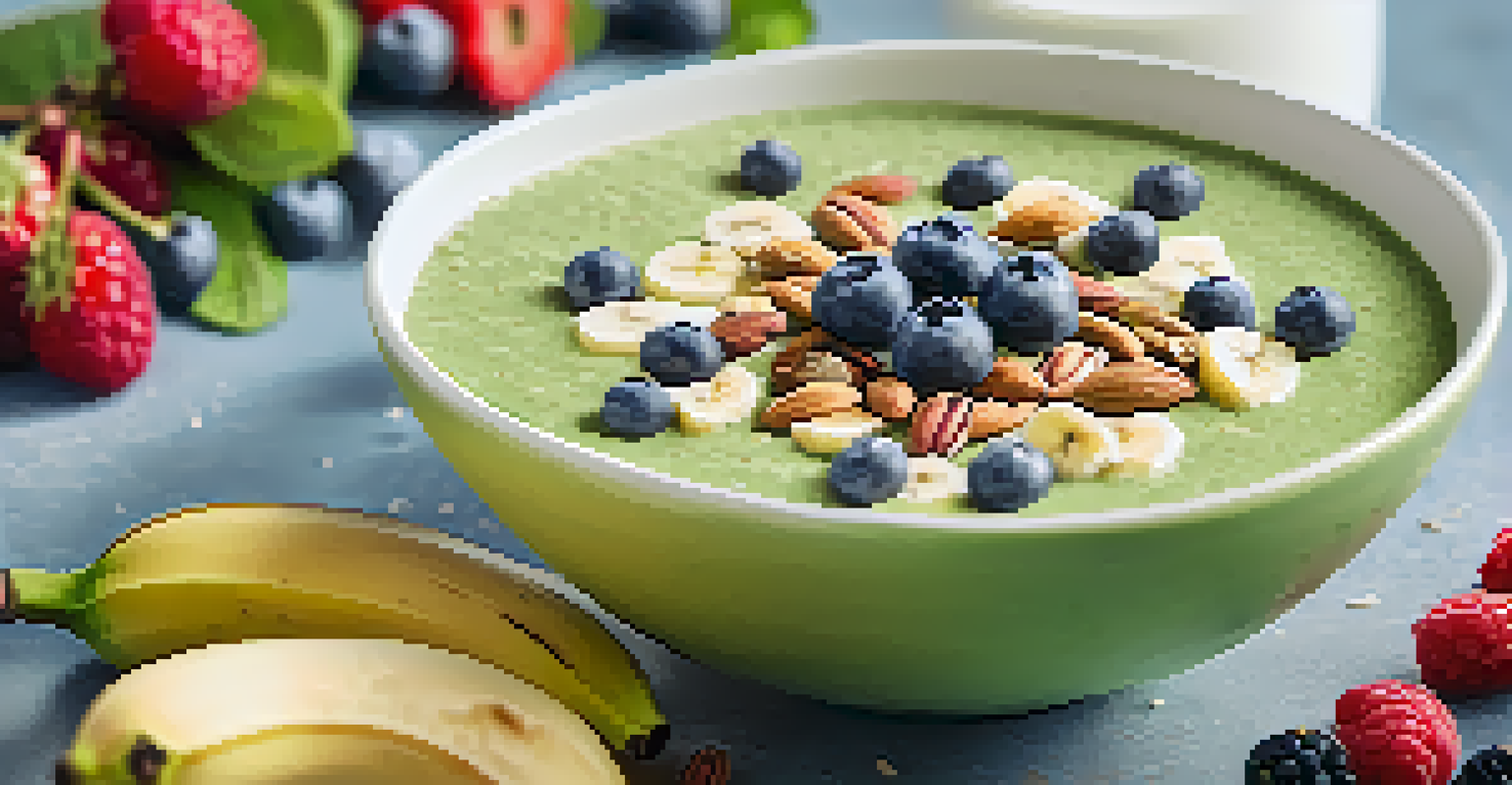 A smoothie bowl filled with a green mixture, topped with fruits and flaxseed oil, set on a light-colored table with flowers in the background.