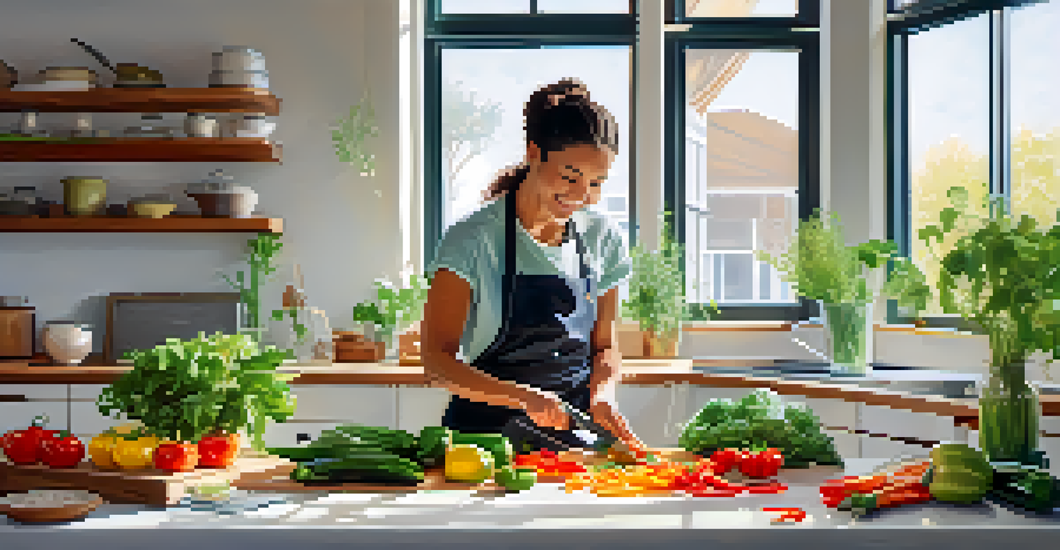A person in a modern kitchen preparing a plant-based meal, chopping colorful vegetables with a cookbook open beside them, illuminated by natural light.