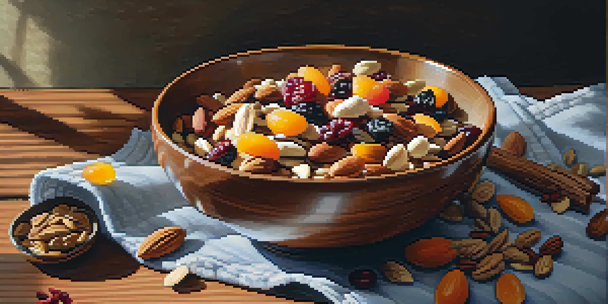 A colorful bowl of nutty trail mix with almonds, walnuts, sunflower seeds, and dried fruits on a wooden table.