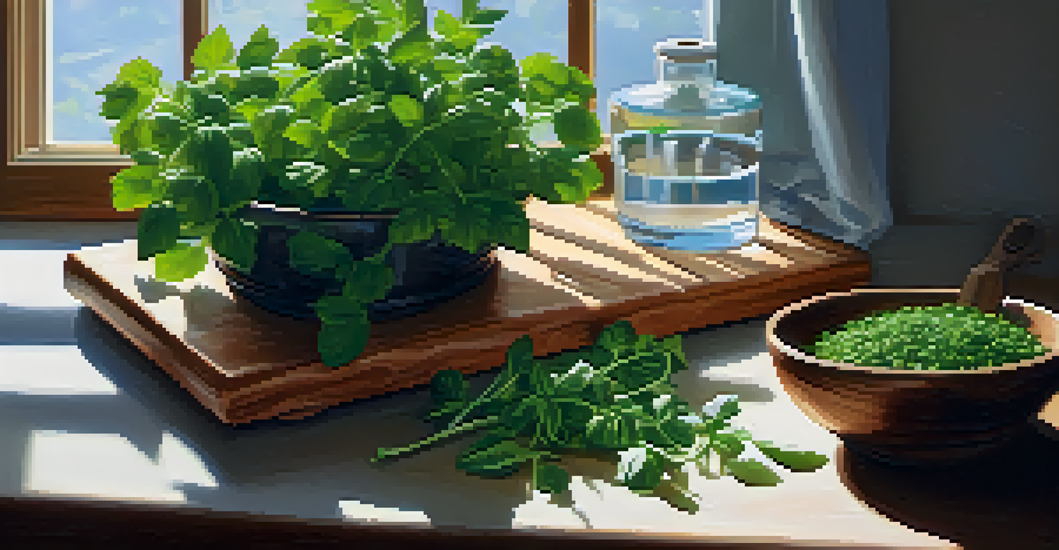 A close-up of fresh herbs being rinsed in a bowl of water on a wooden cutting board, with soft sunlight illuminating the scene.
