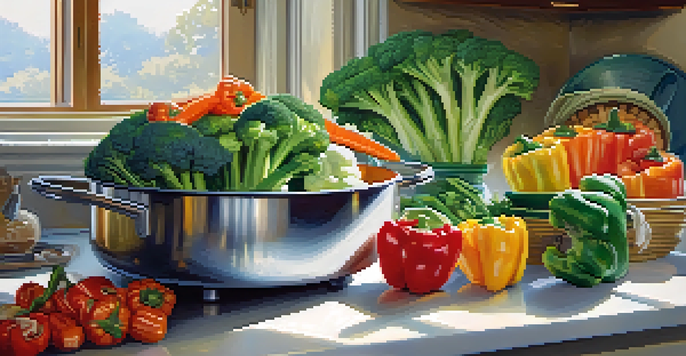 A bamboo steamer basket with colorful steamed vegetables like broccoli, carrots, and bell peppers on a kitchen countertop, with sunlight filtering through a window.