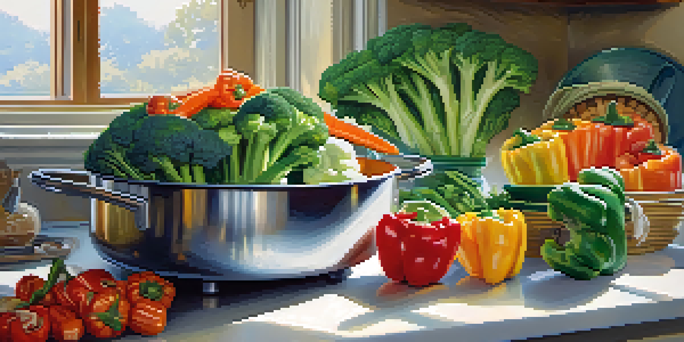 A bamboo steamer basket with colorful steamed vegetables like broccoli, carrots, and bell peppers on a kitchen countertop, with sunlight filtering through a window.