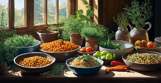 A colorful spread of plant-based dishes on a wooden table, including chickpea salad, quinoa bowl, and roasted vegetables, illuminated by soft sunlight.
