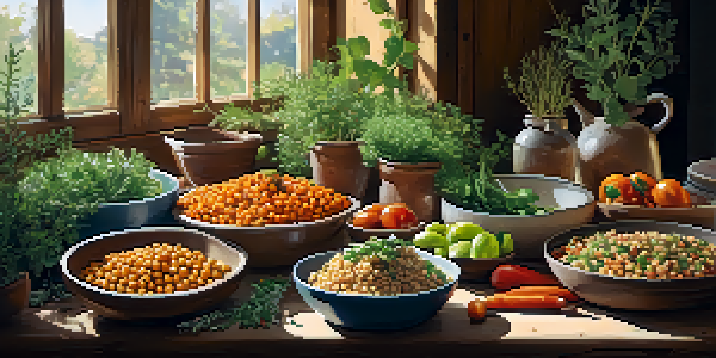A colorful spread of plant-based dishes on a wooden table, including chickpea salad, quinoa bowl, and roasted vegetables, illuminated by soft sunlight.