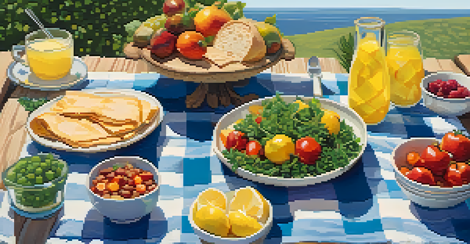 A picnic setup with a checkered blanket displaying a colorful plant-based meal spread, surrounded by greenery and a blue sky.