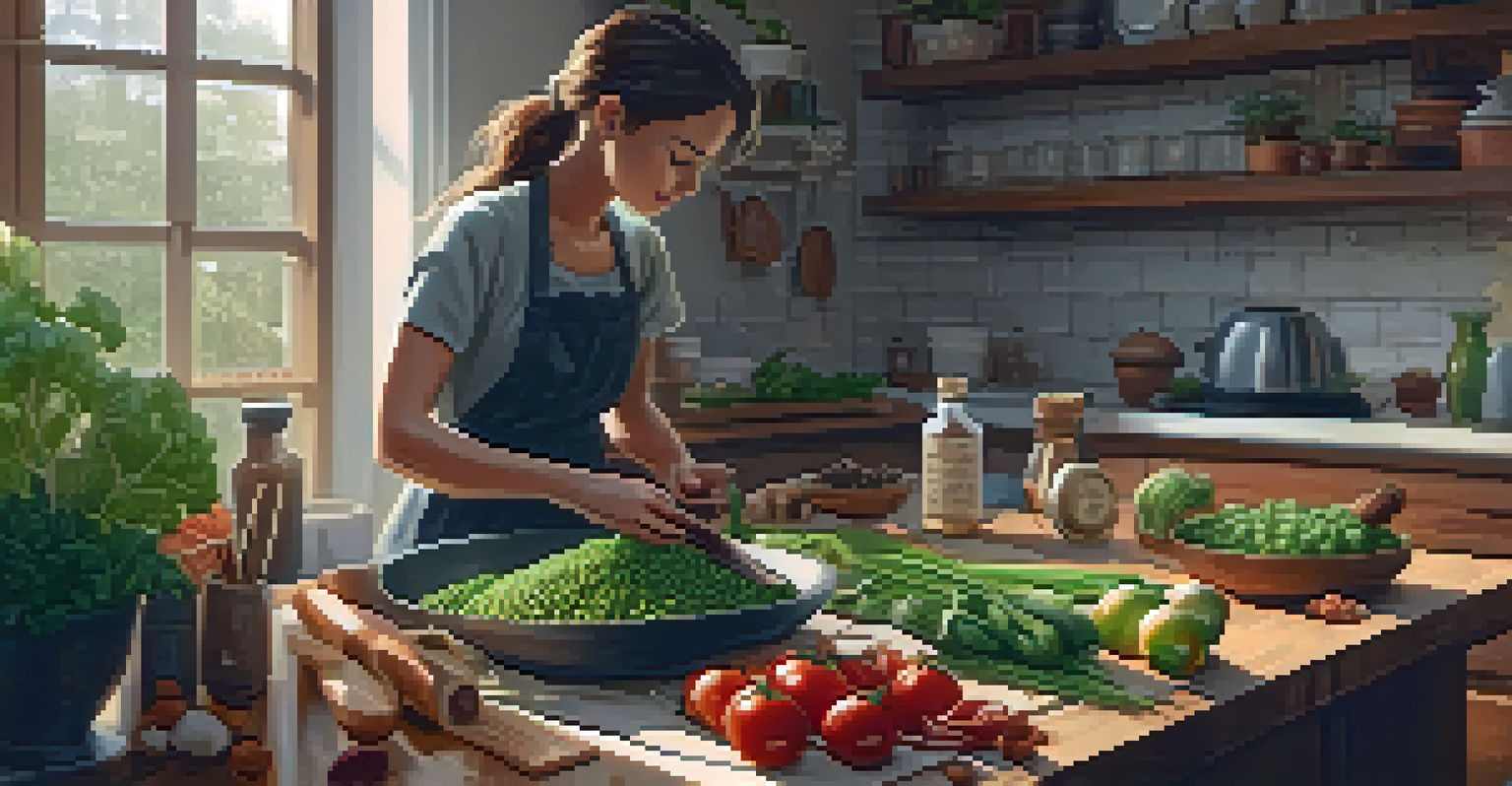 A person chopping fresh vegetables in a cozy kitchen, surrounded by various ingredients and an open recipe book under warm lighting.