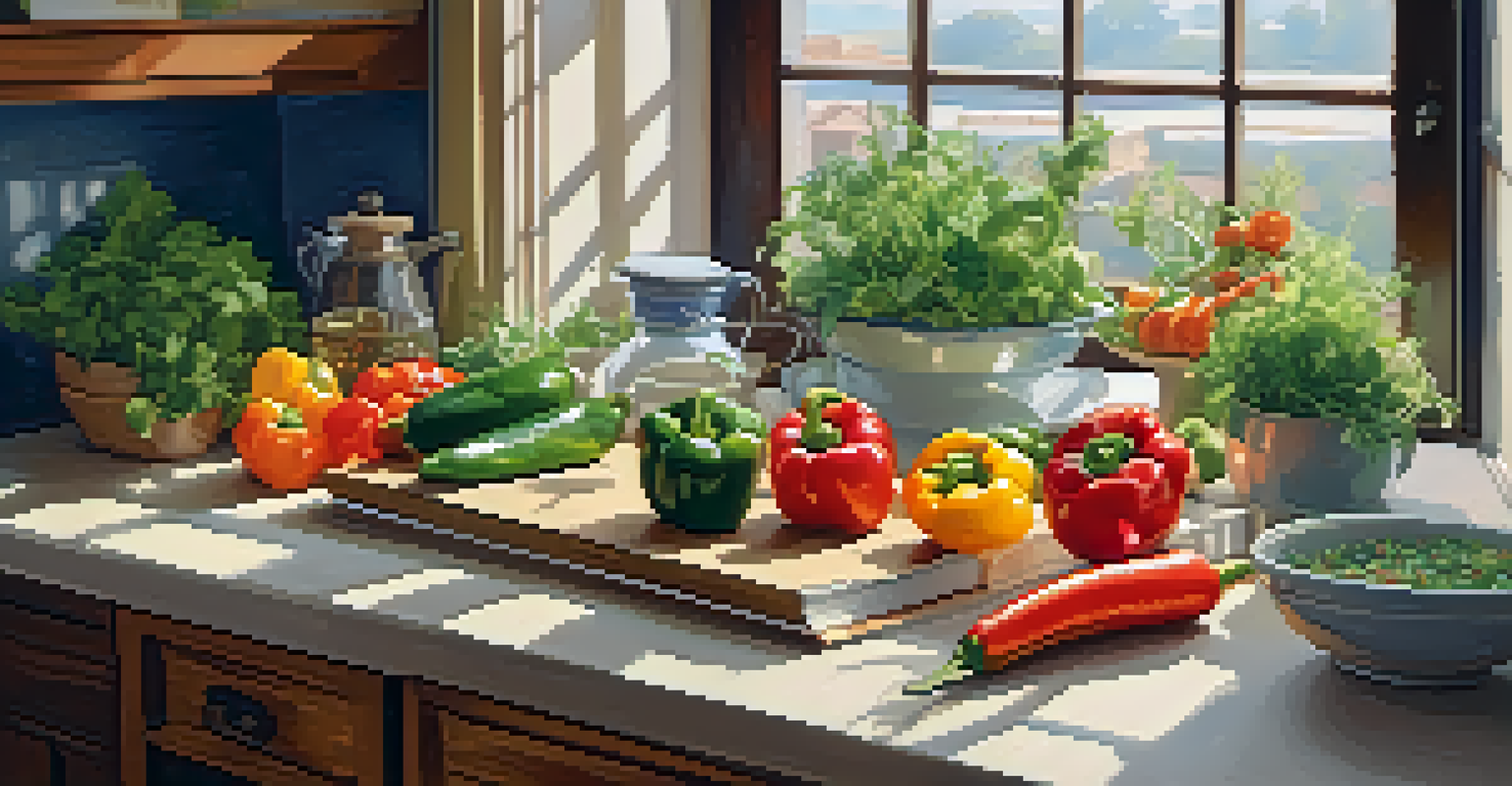 A cozy kitchen countertop with fresh vegetables and grains, highlighting the preparation of a vegetarian meal.