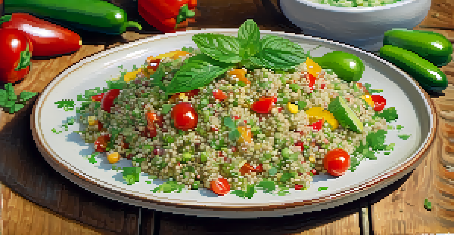 A colorful quinoa salad with cilantro-lime dressing and fresh mint leaves on a rustic plate.