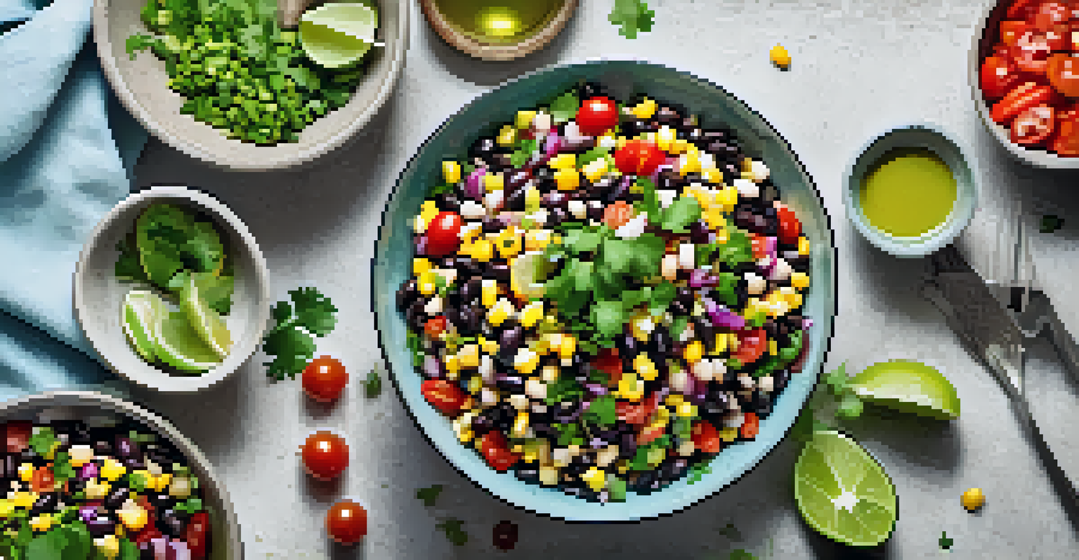 An overhead view of a colorful bean salad with black beans, corn, tomatoes, and cilantro, drizzled with lime dressing, arranged in a bowl on a bright white background.