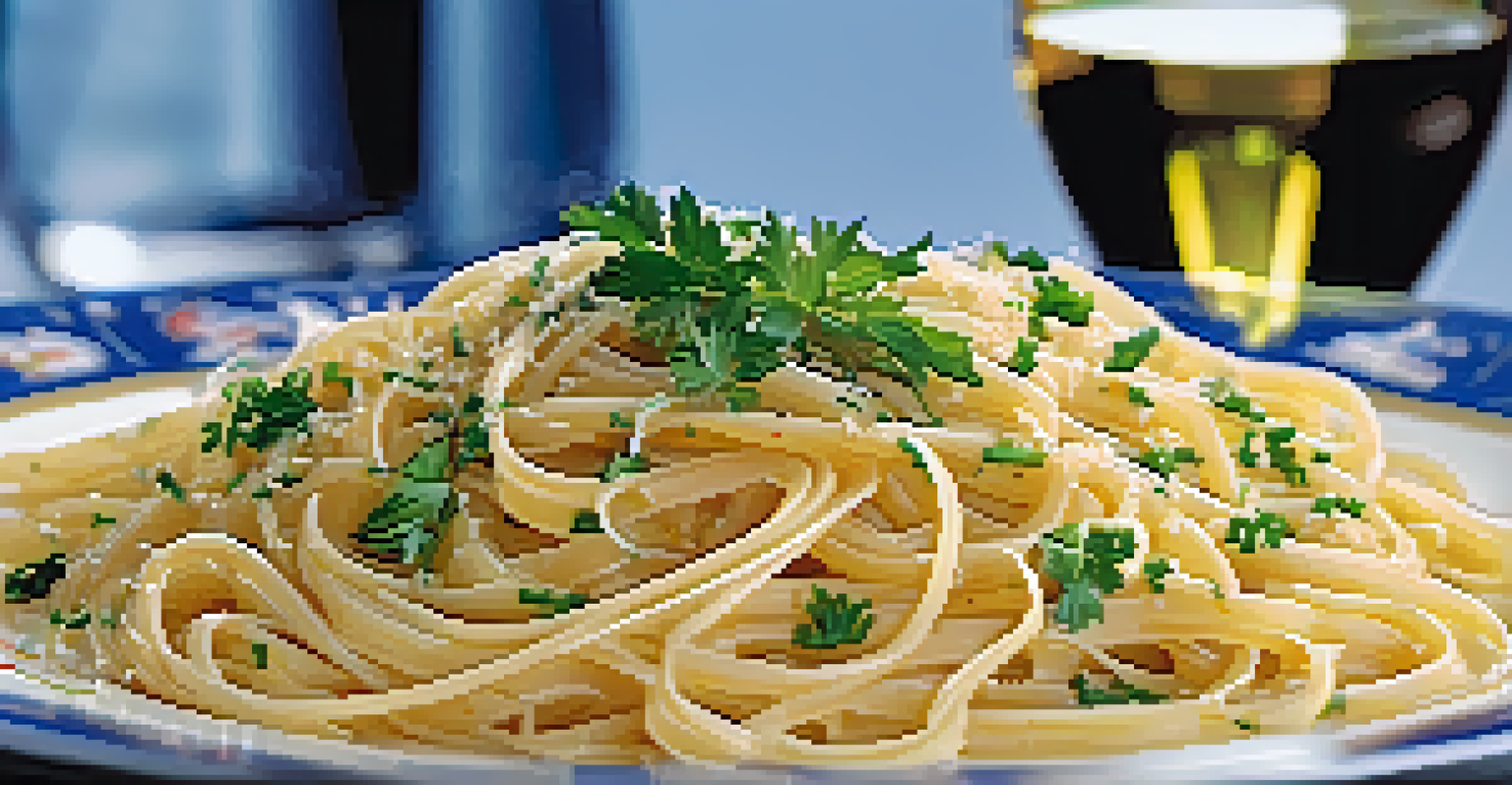 A plate of Aglio e Olio pasta with garlic and parsley, accompanied by a glass of white wine and a loaf of bread on a dining table.