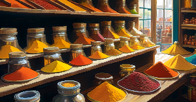 A colorful spice market with various spices in jars and bags under warm sunlight.