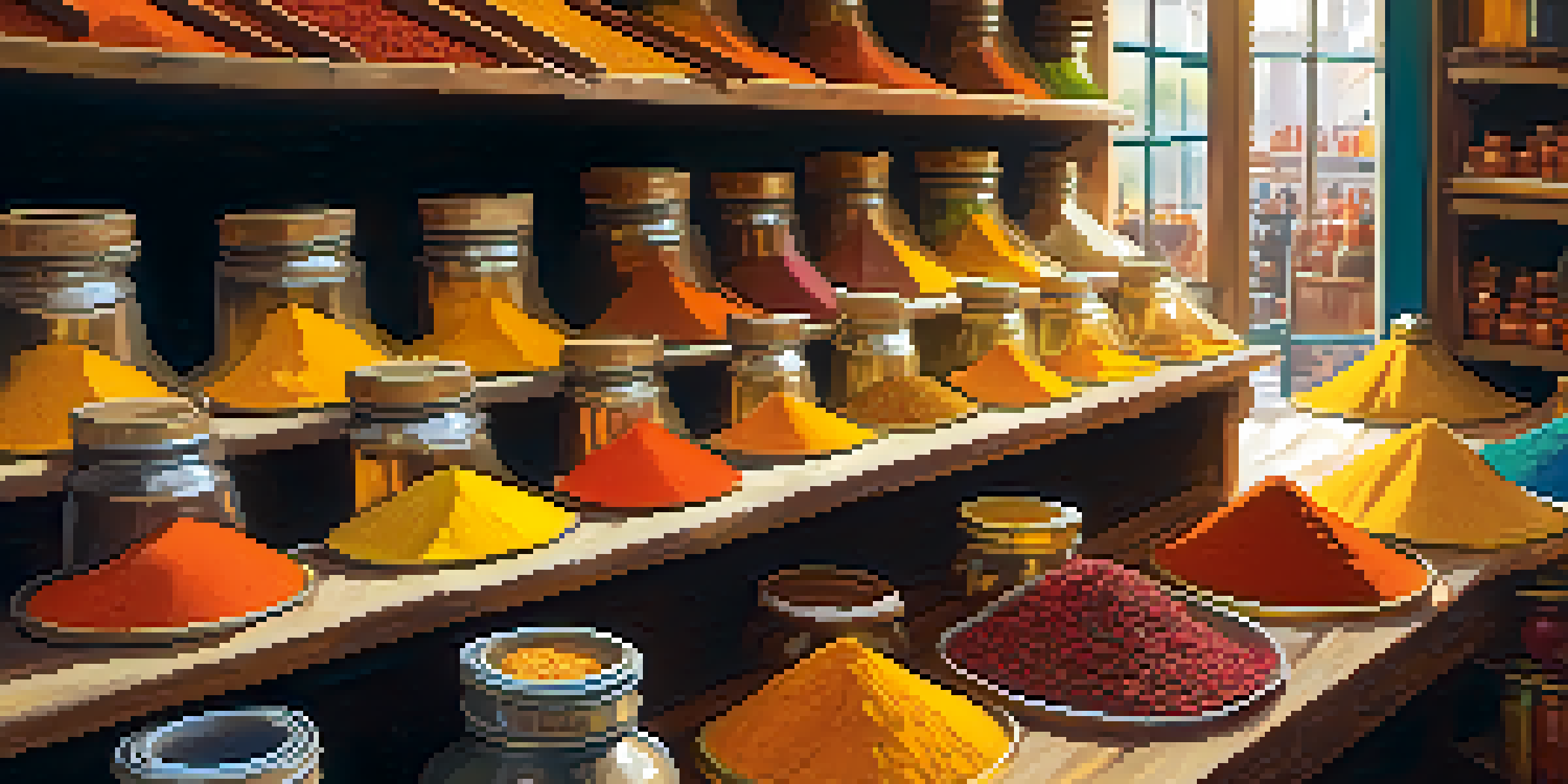 A colorful spice market with various spices in jars and bags under warm sunlight.