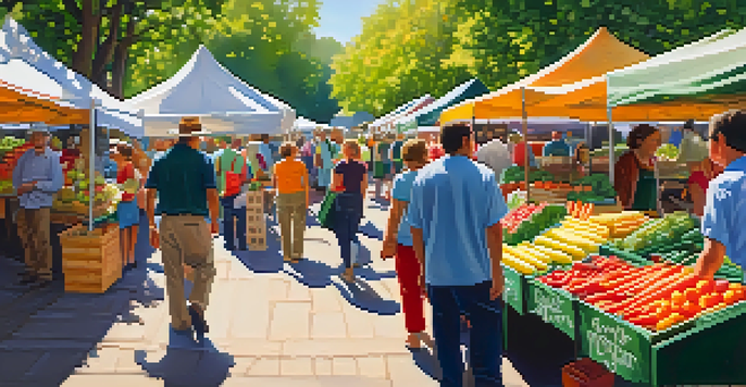 A lively farmer's market with fresh fruits and vegetables, colorful banners for vegan and vegetarian options, and diverse people shopping and sampling produce.