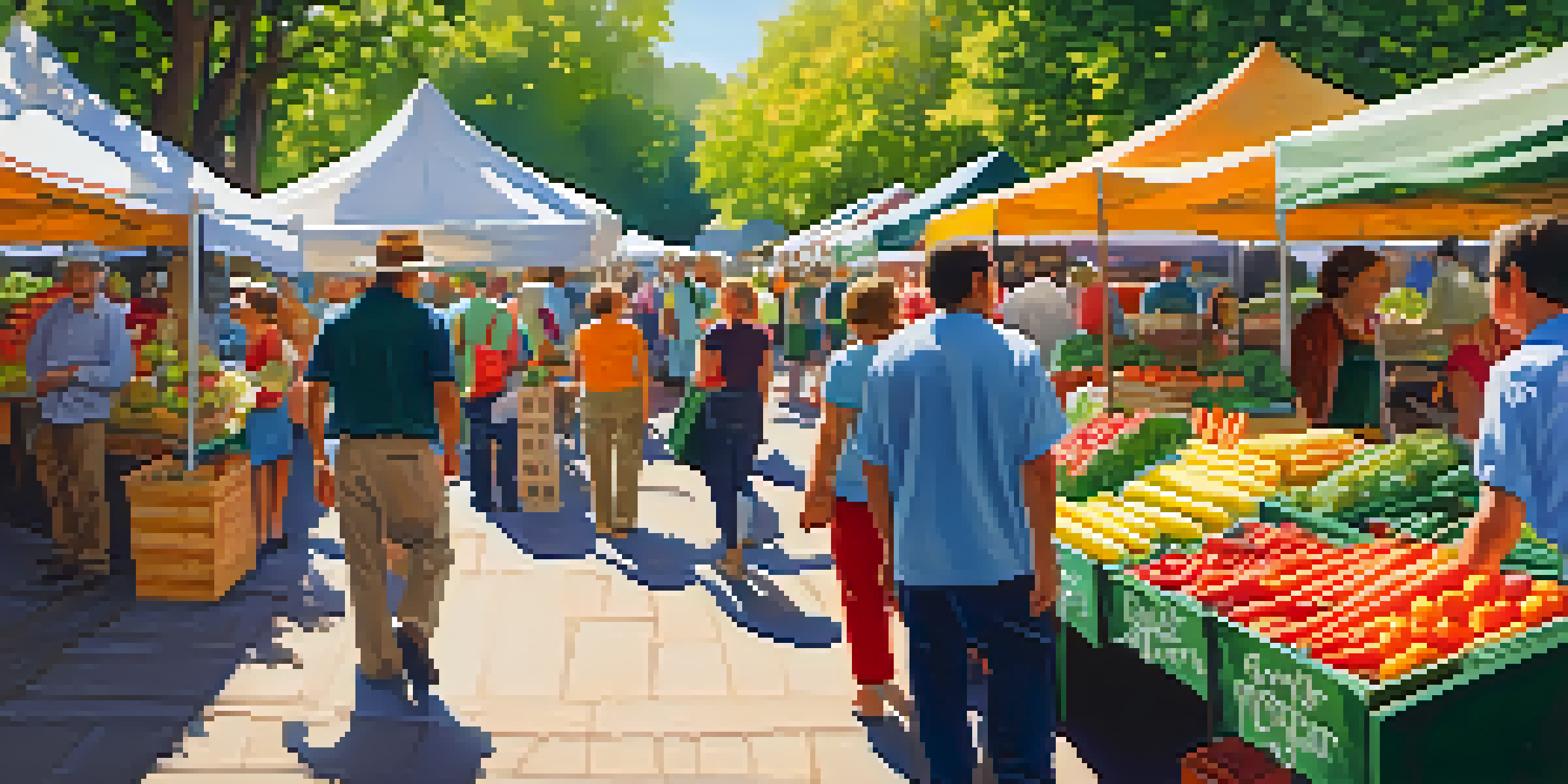 A lively farmer's market with fresh fruits and vegetables, colorful banners for vegan and vegetarian options, and diverse people shopping and sampling produce.