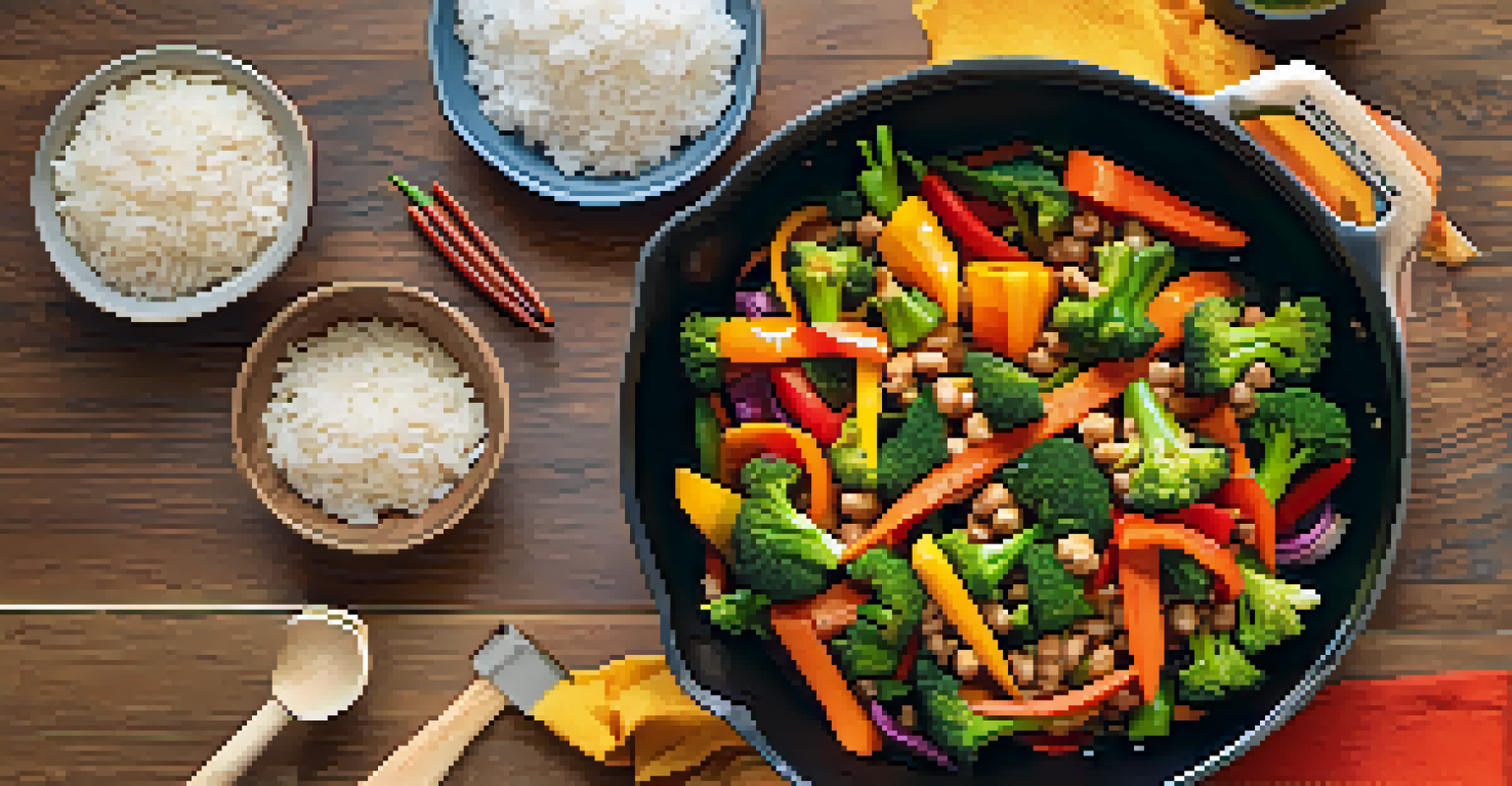 An overhead view of a colorful veggie stir-fry in a skillet, with rice and a spatula nearby.