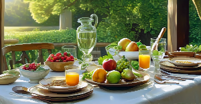 An outdoor table beautifully set with a variety of fresh fruits and vegetables under soft sunlight, surrounded by greenery.