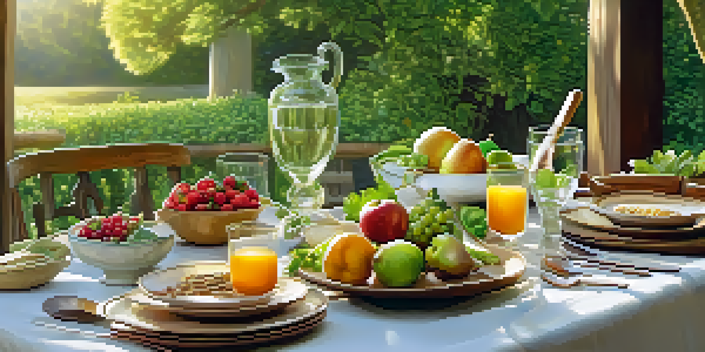 An outdoor table beautifully set with a variety of fresh fruits and vegetables under soft sunlight, surrounded by greenery.
