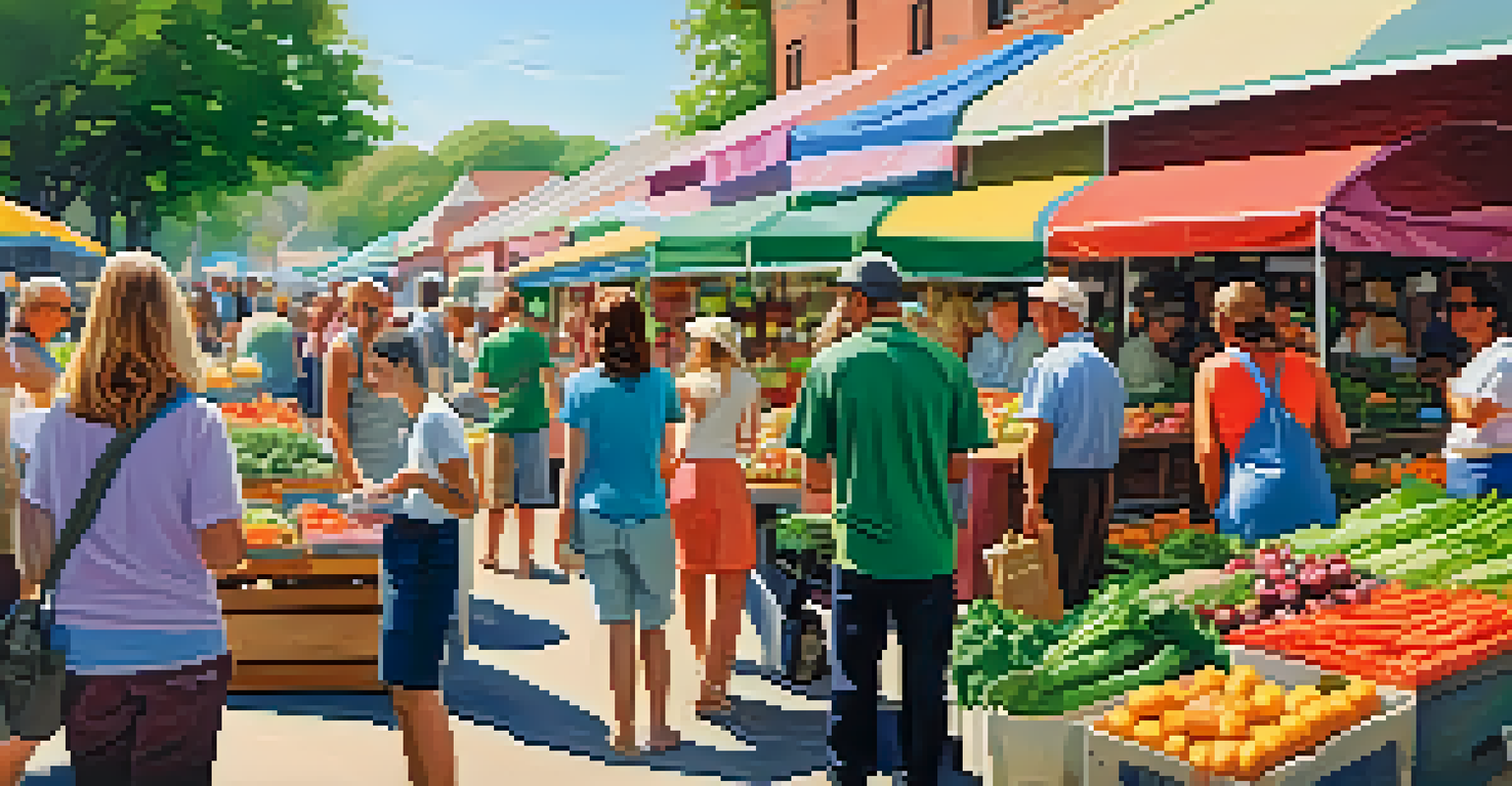 A lively farmers market scene with diverse people exploring vegetarian stalls filled with fresh produce and vegan products.
