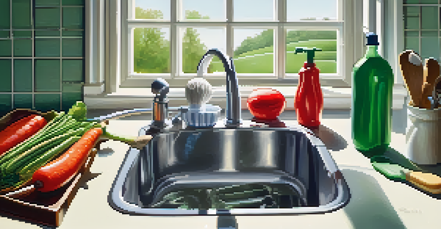 A close-up of hands washing utensils in a soapy sink, with color-coded cutting boards for vegetables and meats in the background.