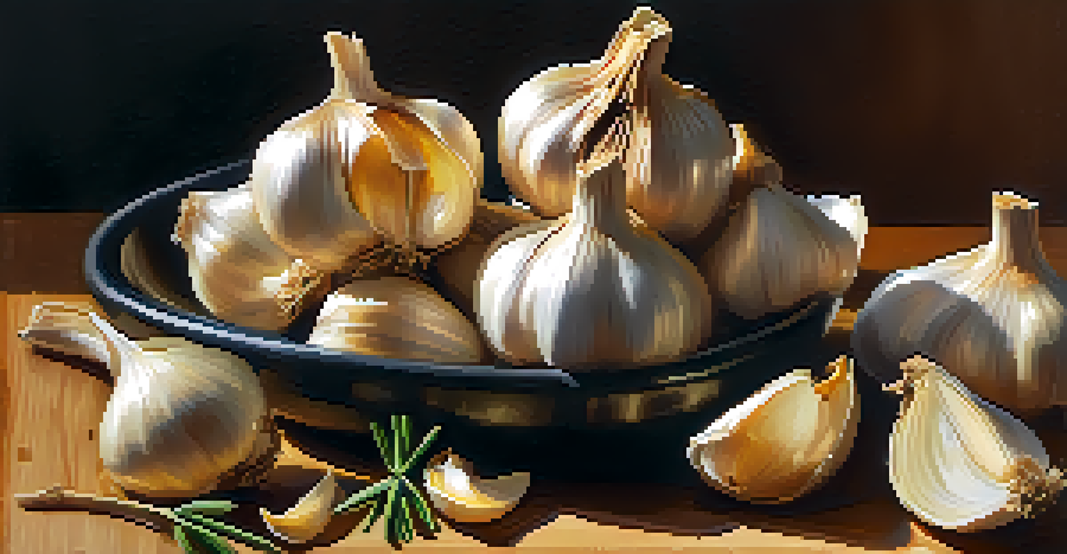 Roasted garlic cloves on a wooden cutting board, accompanied by herbs and a bowl of olive oil, with warm lighting.