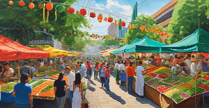 A bustling vegetarian festival in Mexico City with colorful food stalls and people enjoying cooking demonstrations.