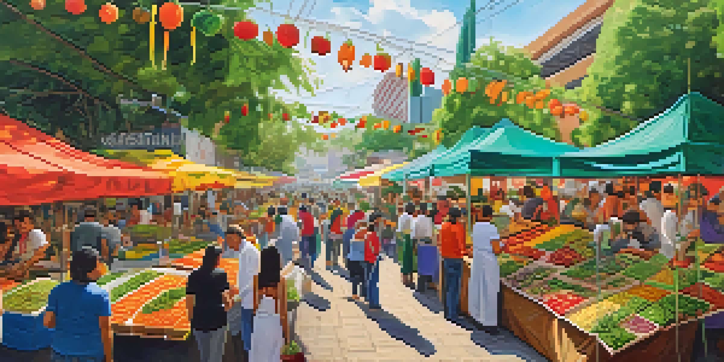 A bustling vegetarian festival in Mexico City with colorful food stalls and people enjoying cooking demonstrations.