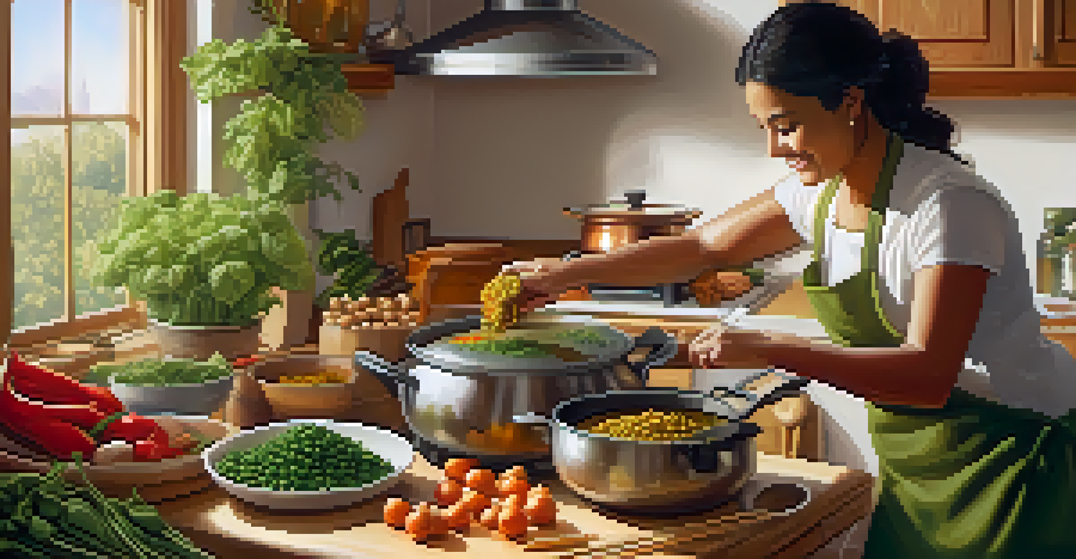 A person preparing chickpea curry in a warm kitchen, with fresh ingredients on a cutting board.