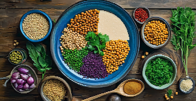 A colorful plate of plant-based proteins including chickpeas, quinoa, lentils, and tofu, arranged on a rustic wooden table with fresh herbs.