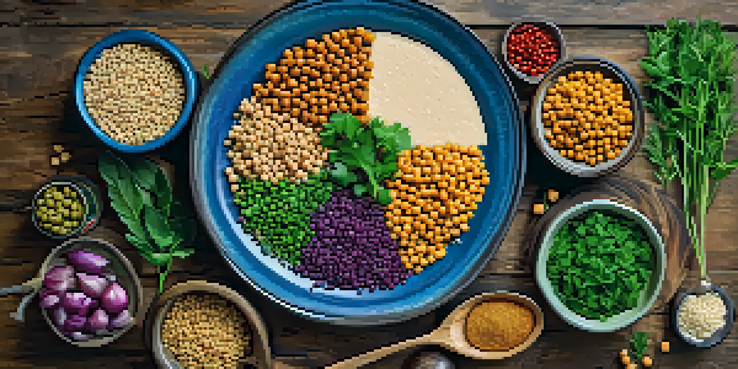 A colorful plate of plant-based proteins including chickpeas, quinoa, lentils, and tofu, arranged on a rustic wooden table with fresh herbs.