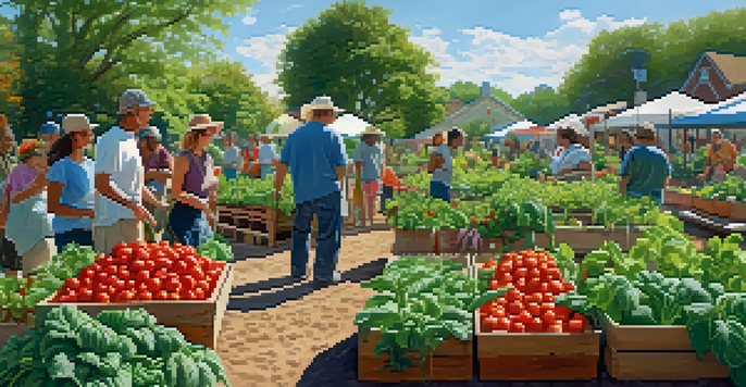 A lively community garden with people tending to various vegetables under a clear blue sky.
