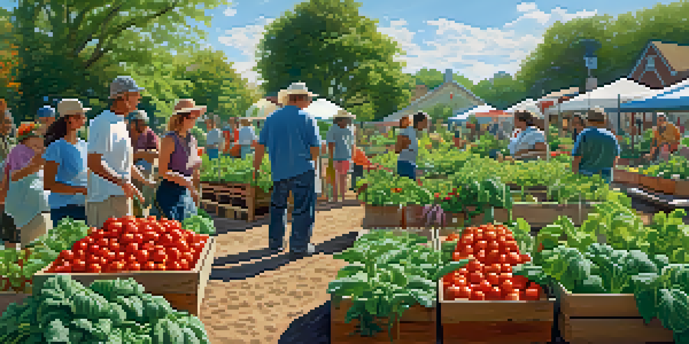 A lively community garden with people tending to various vegetables under a clear blue sky.