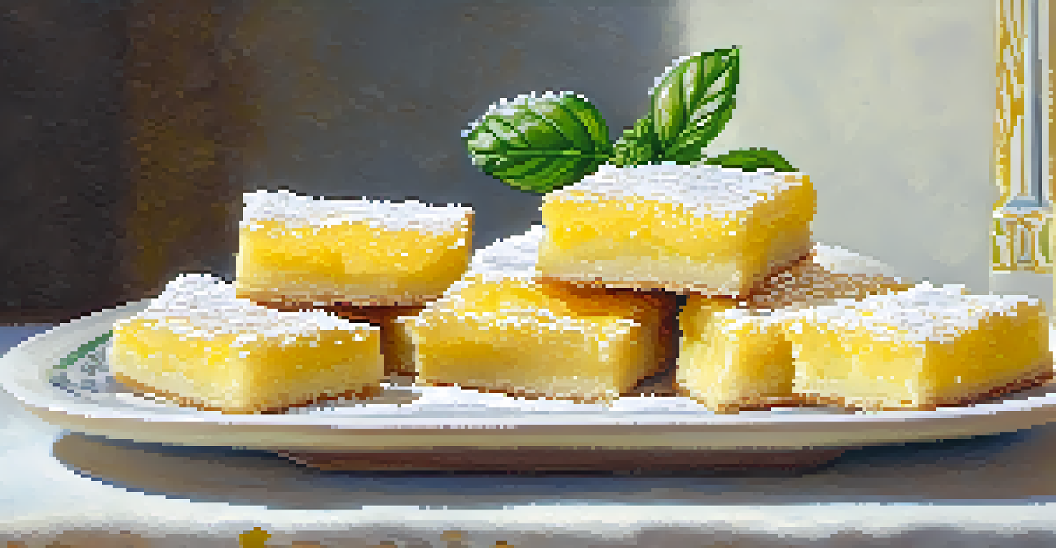 A plate of lemon bars with powdered sugar and fresh herbs, presented on a ceramic plate, emphasizing its vibrant color.