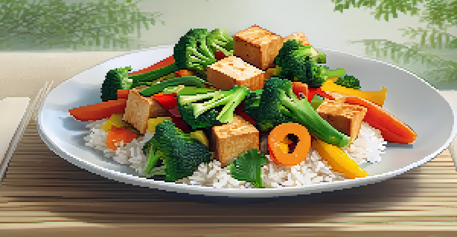 A plate of colorful gluten-free vegetarian stir-fry with tofu and vegetables, elegantly presented with rice.