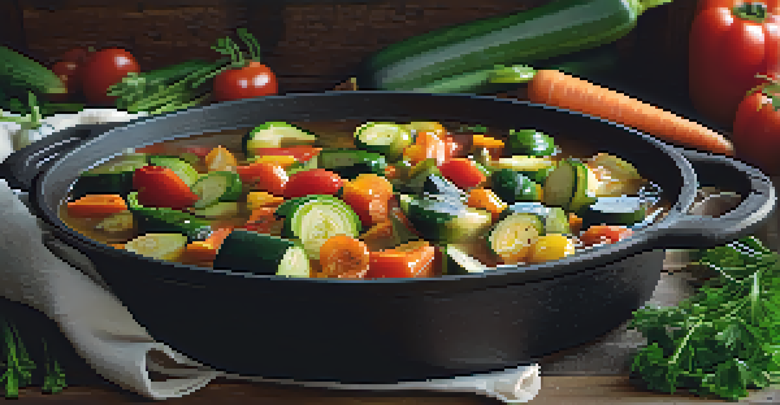 A close-up of a colorful vegetable stew in a pot, with steam rising, surrounded by fresh herbs and grains on a rustic table.