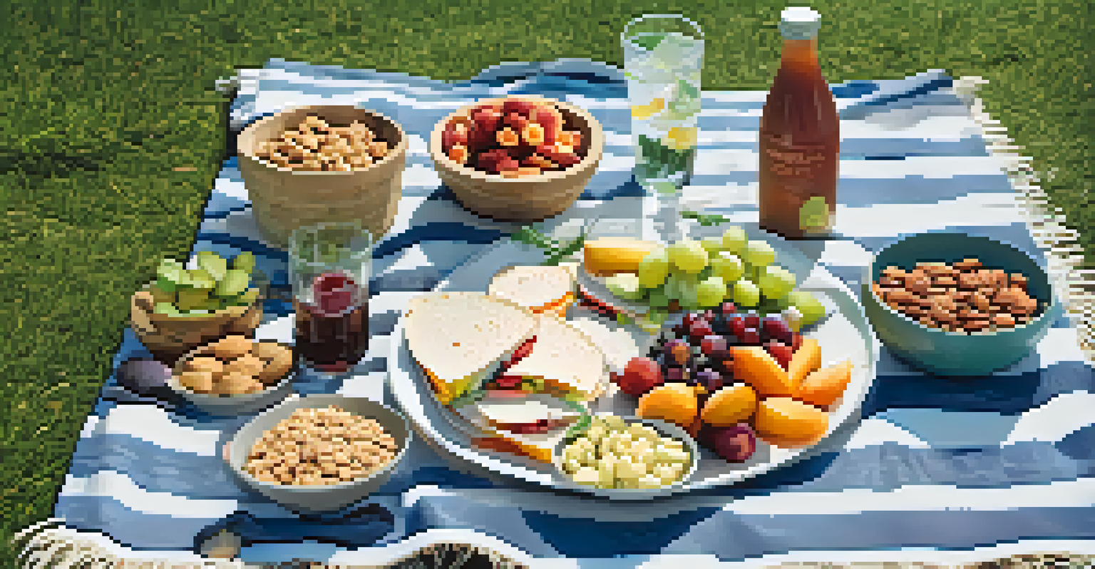 A picnic setup with healthy vegetarian snacks on a blanket in a green park, under a clear sky.