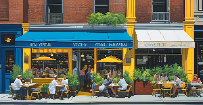 A lively New York City street with a vegetarian restaurant showcasing colorful plants and a chalkboard menu. Diners are seated outside enjoying their meals amidst the backdrop of Manhattan skyscrapers and yellow taxis.