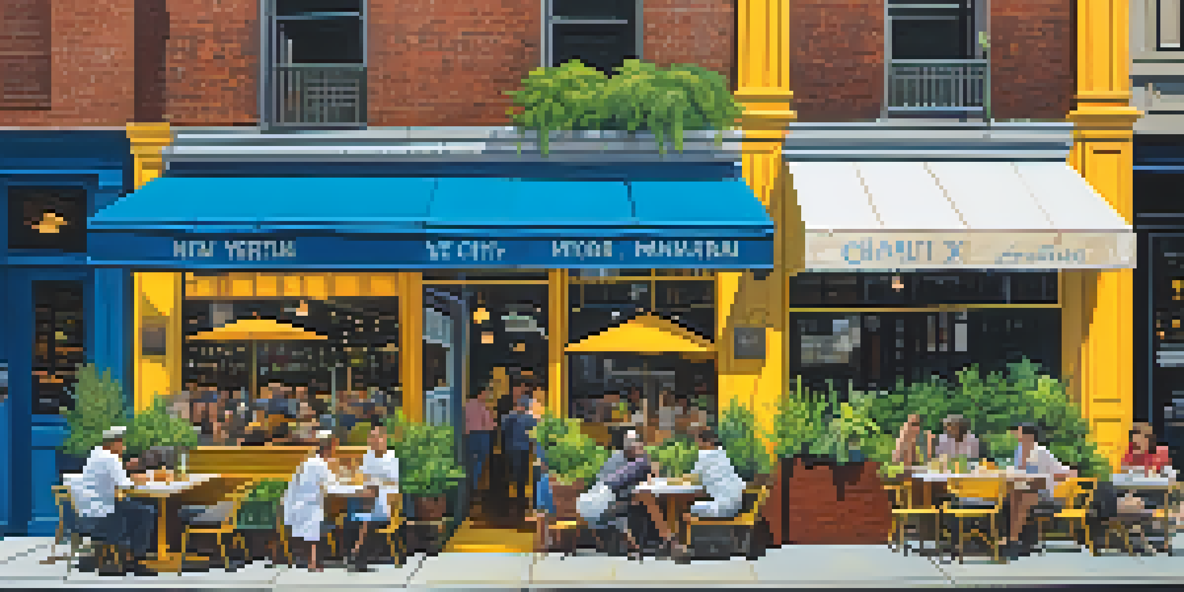 A lively New York City street with a vegetarian restaurant showcasing colorful plants and a chalkboard menu. Diners are seated outside enjoying their meals amidst the backdrop of Manhattan skyscrapers and yellow taxis.